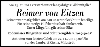 Traueranzeige von Reimer von Eitzen von Husumer Nachrichten