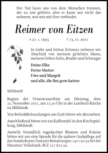 Traueranzeige von Reimer von Eitzen von Nordfriesland Tageblatt
