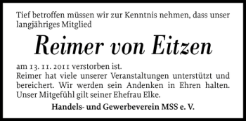 Traueranzeige von Reimer von Eitzen von Husumer Nachrichten