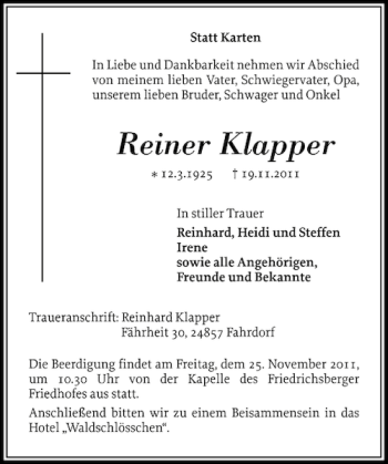 Traueranzeige von Reiner Klapper von Schleswiger Nachrichten