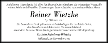 Traueranzeige von Reiner Wietzke von Flensburger Tageblatt