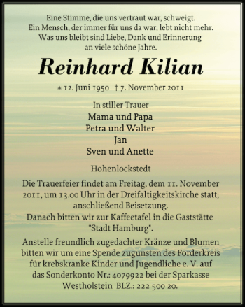 Traueranzeige von Reinhard Kilian von Norddeutsche Rundschau