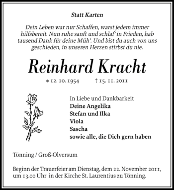 Traueranzeige von Reinhard Kracht von Husumer Nachrichten
