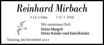 Traueranzeige von Reinhard Mirbach von Husumer Nachrichten