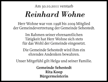 Traueranzeige von Reinhard Wohne von Landeszeitung