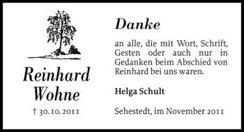 Traueranzeige von Reinhard Wohne von Landeszeitung