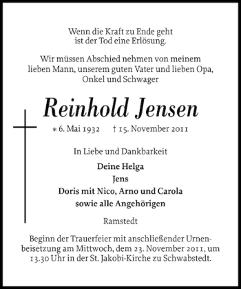 Traueranzeige von Reinhold Jensen von Husumer Nachrichten
