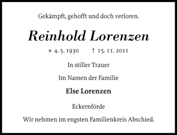 Traueranzeige von Reinhold Lorenzen von Eckernförder Zeitung