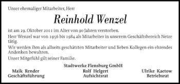 Traueranzeige von Reinhold Wenzel von Flensburger Tageblatt