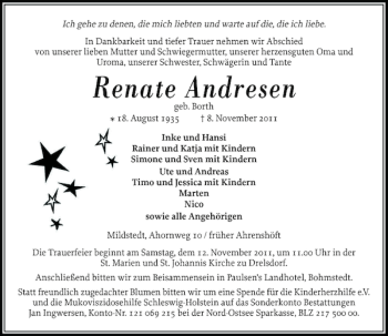 Traueranzeige von Renate Andresen von Husumer Nachrichten