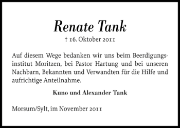 Traueranzeige von Renate Tank von Sylter Rundschau