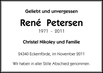 Traueranzeige von René Petersen von Eckernförder Zeitung