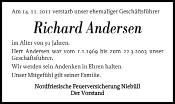 Traueranzeige von Richard Andersen von Husumer Nachrichten