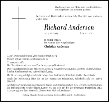Traueranzeige von Richard Andersen von Nordfriesland Tageblatt