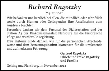Traueranzeige von Richard Ragotzky von Flensburger Tageblatt