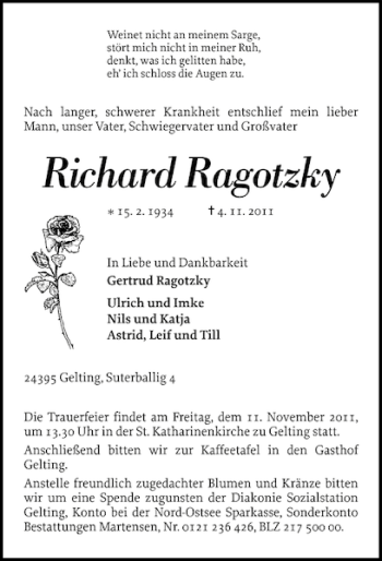 Traueranzeige von Richard Ragotzky von Flensburger Tageblatt