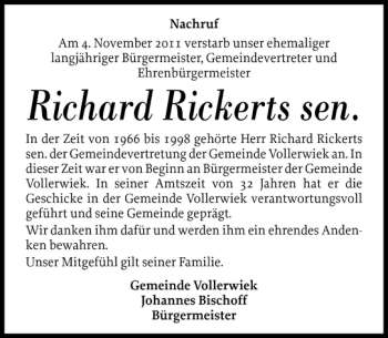 Traueranzeige von Richard Rickerts sen von Husumer Nachrichten