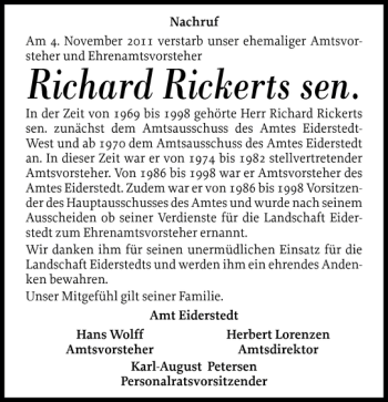 Traueranzeige von Richard Rickerts sen von Husumer Nachrichten