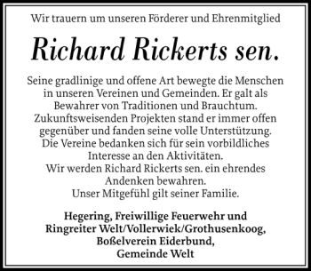 Traueranzeige von Richard Rickerts sen von Flensburger Tageblatt