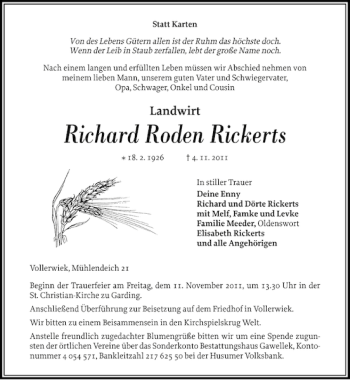 Traueranzeige von Richard Roden Rickerts von Husumer Nachrichten