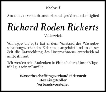 Traueranzeige von Richard Roden Rickerts von Husumer Nachrichten