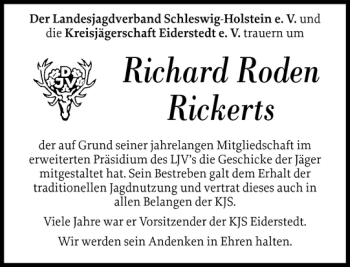 Traueranzeige von Richard Roden Rickerts von Husumer Nachrichten