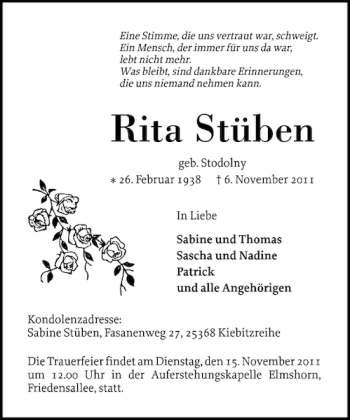 Traueranzeige von Rita Stüben von Elmshorner Nachrichten