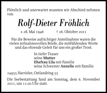 Traueranzeige von Rolf-Dieter Fröhlich von Flensburger Tageblatt