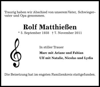 Traueranzeige von Rolf Matthießen von Pinneberger Tageblatt