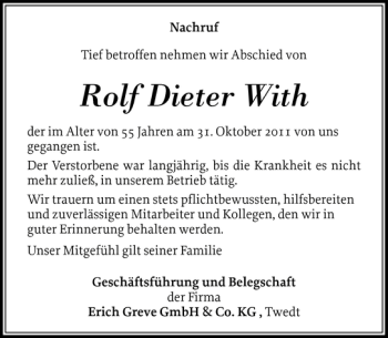 Traueranzeige von Rolf Dieter With von Flensburger Tageblatt