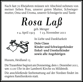 Traueranzeige von Rosa Laß von Husumer Nachrichten