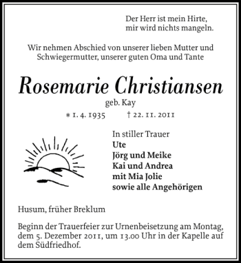Traueranzeige von Rosemarie Christiansen von Husumer Nachrichten