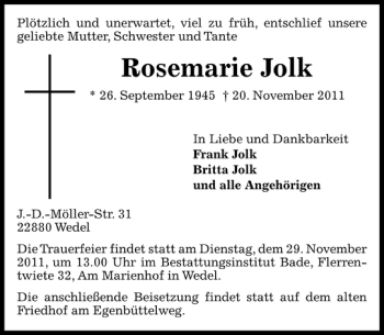 Traueranzeige von Rosemarie Jolk von Pinneberger Tageblatt