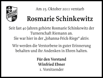 Traueranzeige von Rosmarie Schinkewitz von Ostholsteiner Anzeiger