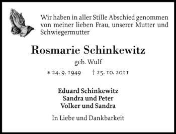 Traueranzeige von Rosmarie Schinkewitz von Ostholsteiner Anzeiger