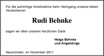 Traueranzeige von Rudi Behnke von Holsteinischer Courier