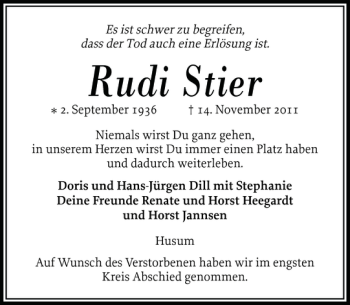 Traueranzeige von Rudi Stier von Husumer Nachrichten