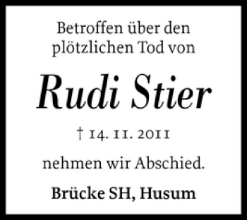 Traueranzeige von Rudi Stier von Husumer Nachrichten