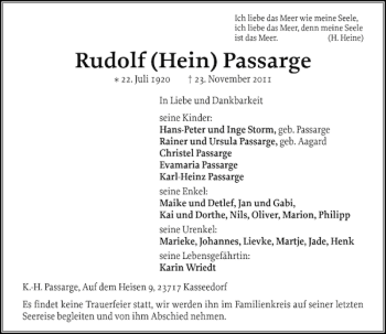 Traueranzeige von Rudolf Hein Passarge von Ostholsteiner Anzeiger