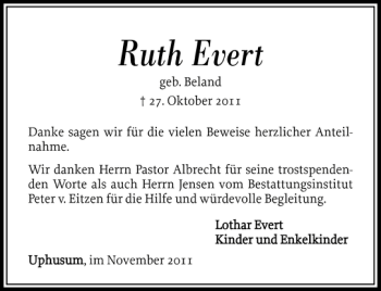 Traueranzeige von Ruth Evert von Nordfriesland Tageblatt
