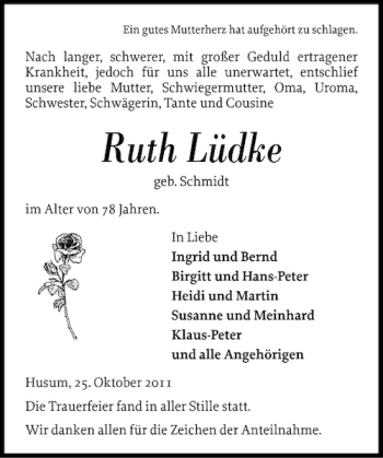 Traueranzeige von Ruth Lüdke von Husumer Nachrichten