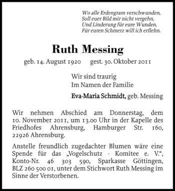 Traueranzeige von Ruth Messing von Stormarner Tageblatt