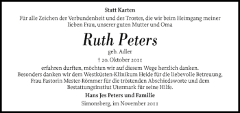 Traueranzeige von Ruth Peters von Husumer Nachrichten