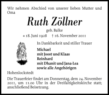 Traueranzeige von Ruth Zöllner von Norddeutsche Rundschau