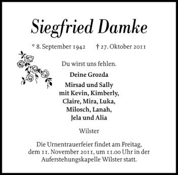 Traueranzeige von Siegfried Damke von Norddeutsche Rundschau