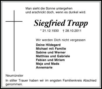 Traueranzeige von Siegfried Trapp von Holsteinischer Courier