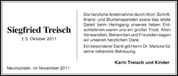 Traueranzeige von Siegfried Treisch von Holsteinischer Courier