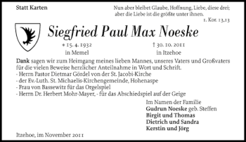 Traueranzeige von Siegfried Paul Max Noeske von Norddeutsche Rundschau