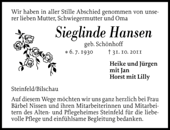 Traueranzeige von Sieglinde Hansen von Flensburger Tageblatt