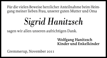 Traueranzeige von Sigrid Hanitzsch von Flensburger Tageblatt